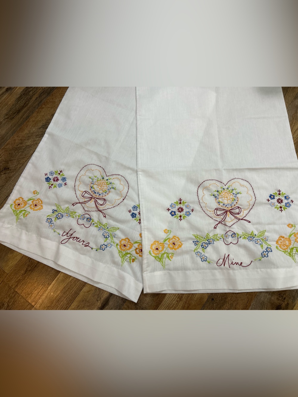 Vintage Hand Embroidered Yours and Mine Pillowcase Set, Cottagecore Floral Heart